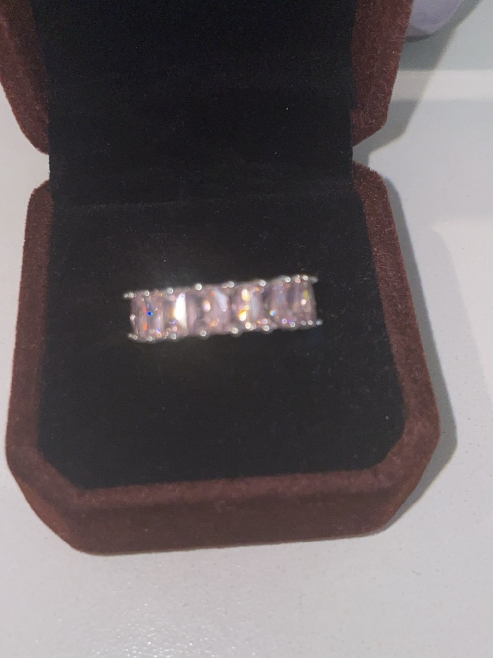 Silver Band Ring with Pink Cubic Zirconia Stones